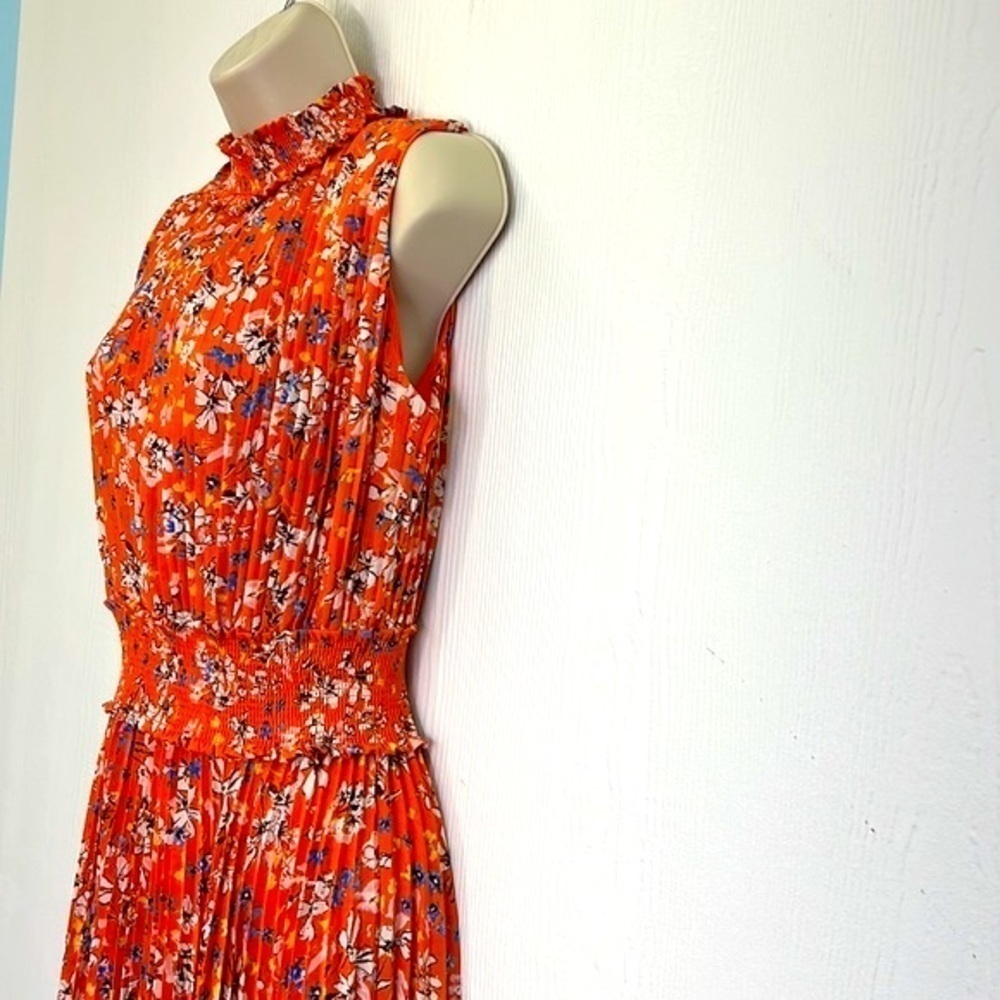 Nanette Lepore - Orange Multi Floral Pleated Sleeveless Midi Dress Size 8 - Picture 5 of 12